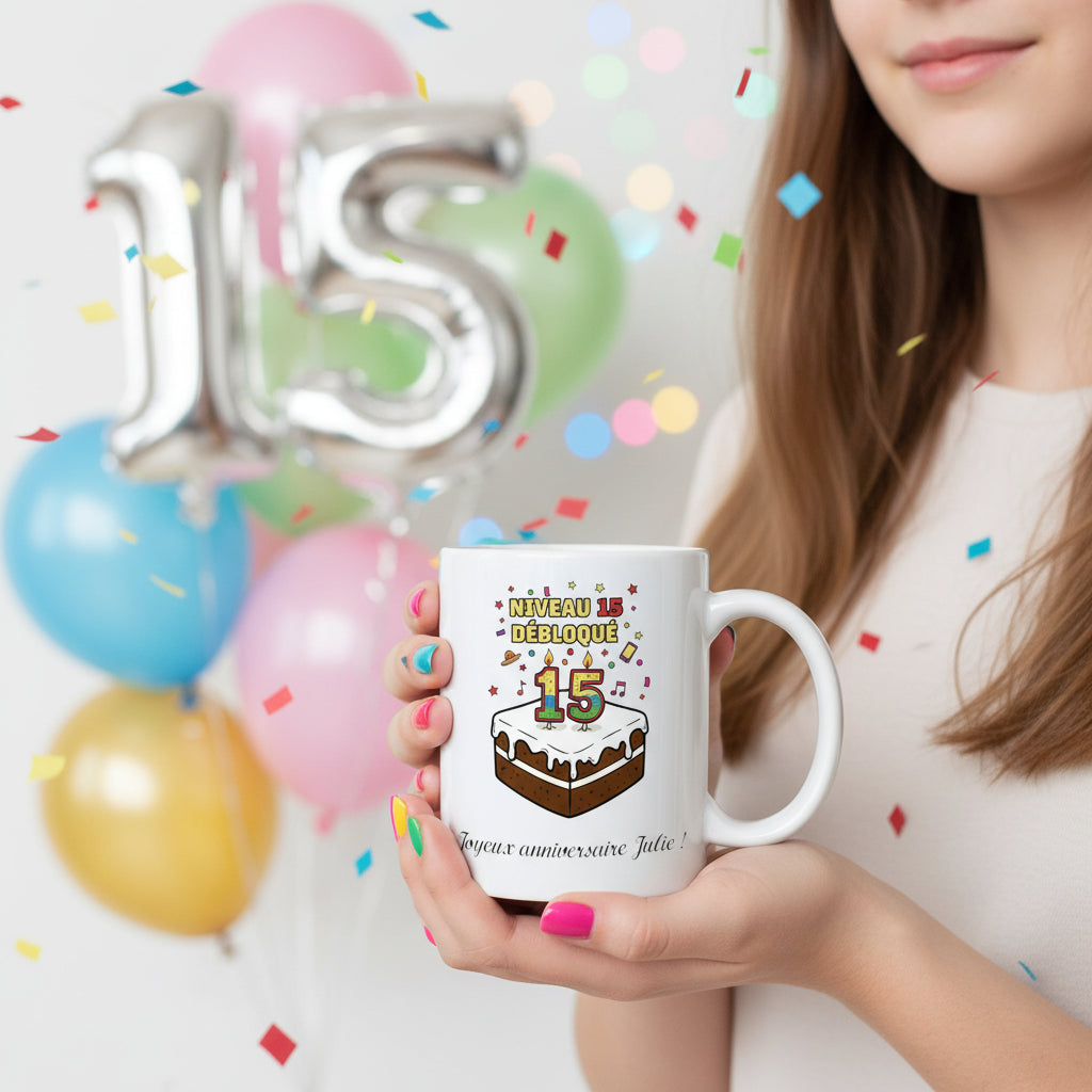 Mug personnalisé 15 ans tenu par une jeune femme devant des ballons colorés et confettis, illustration gâteau et "Niveau 15 débloqué"
