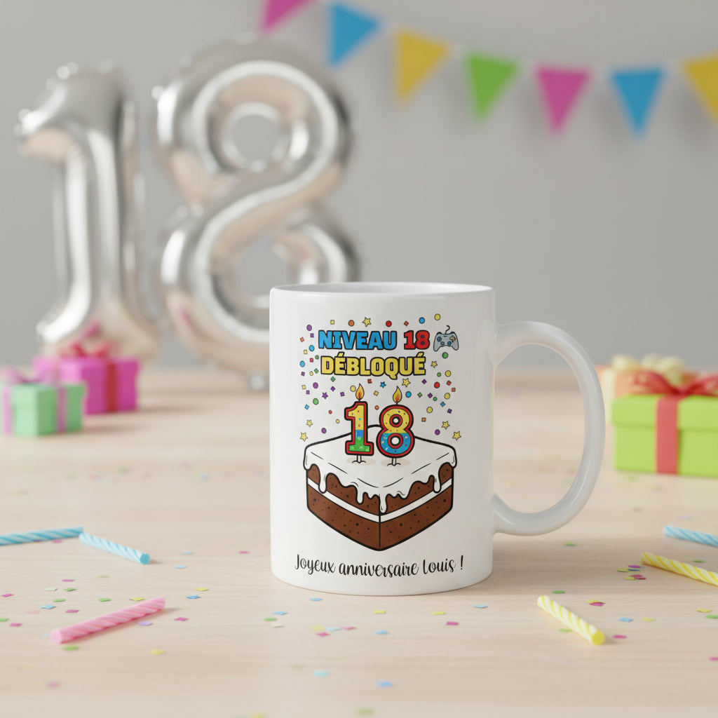 Mug personnalisé 18 ans posé sur une table festive avec cadeaux et ballons argentés, illustration gâteau et "Niveau 18 débloqué"