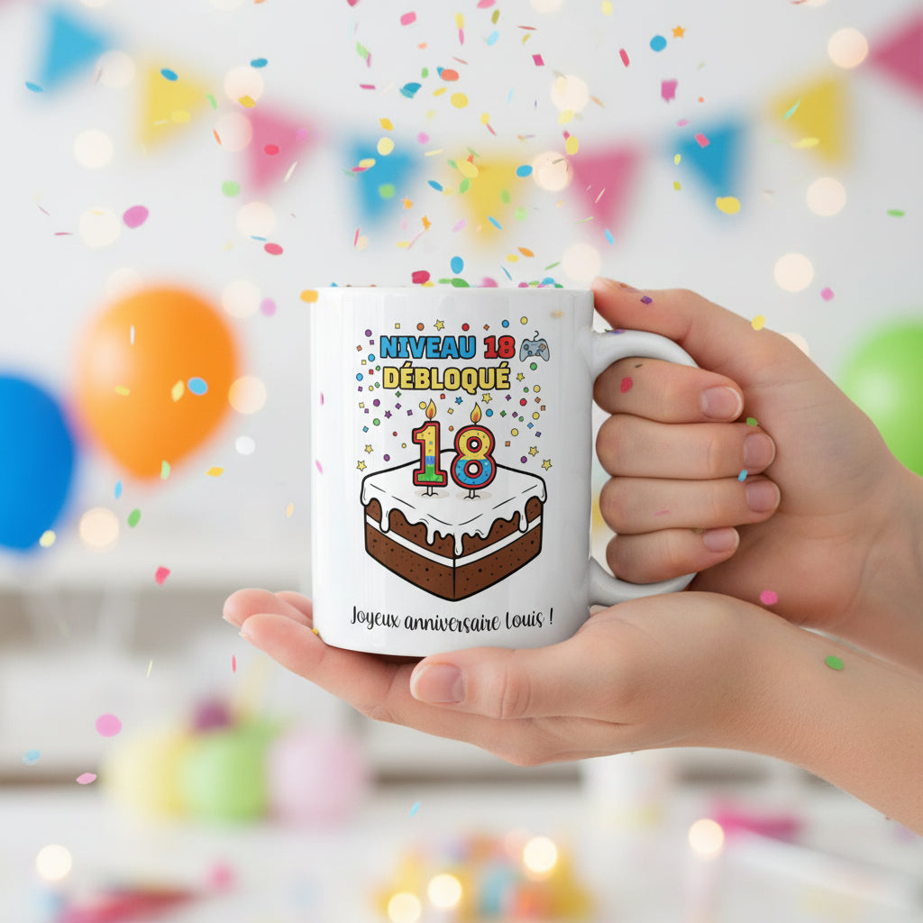 Mug personnalisé 18 ans tenu à deux mains avec confettis et ballons colorés, illustration gâteau et "Niveau 18 débloqué"
