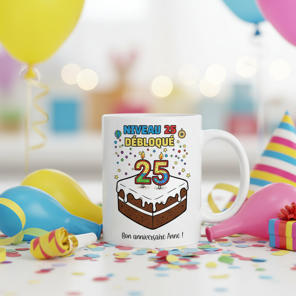 Mug gâteau joyeux anniversaire 25 ans - idée cadeau personnalisé
