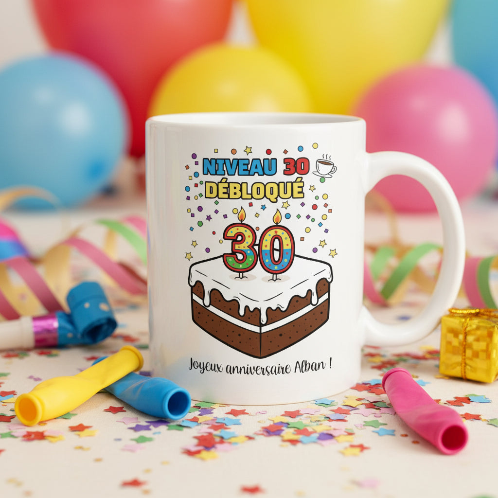 Mug gâteau joyeux anniversaire 30 ans - idée cadeau personnalisé

