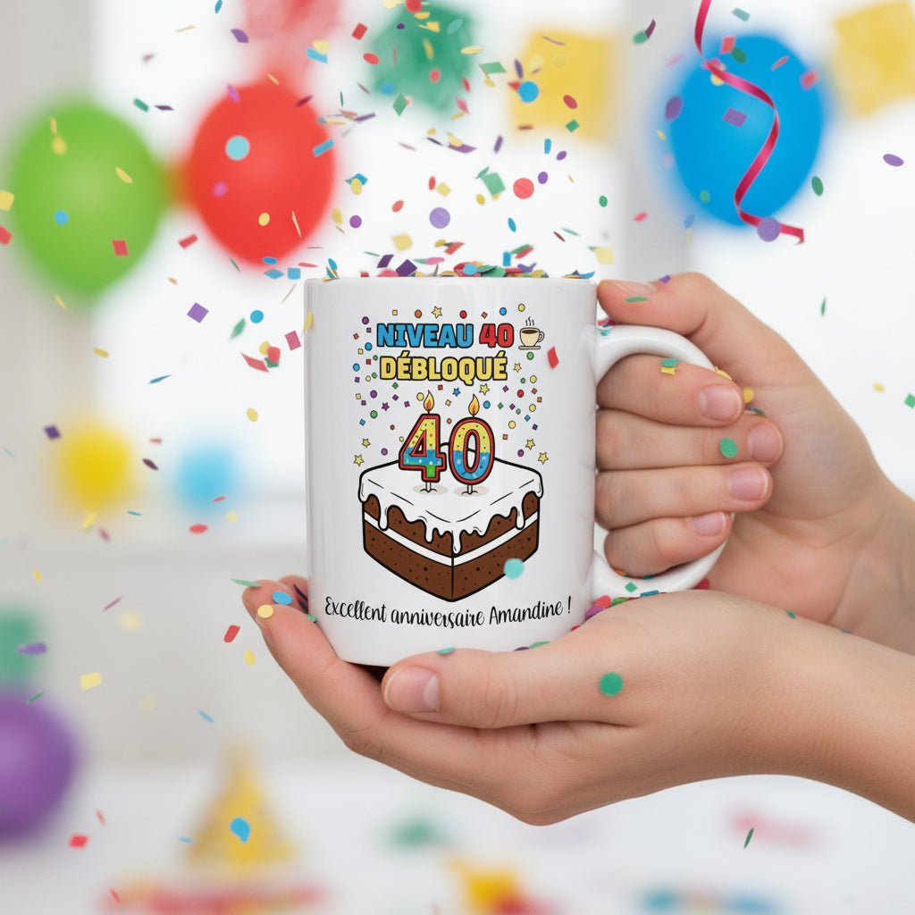 Mug personnalisé 40 ans tenu à deux mains avec ballons colorés et confettis, illustration gâteau et "Niveau 40 débloqué"
