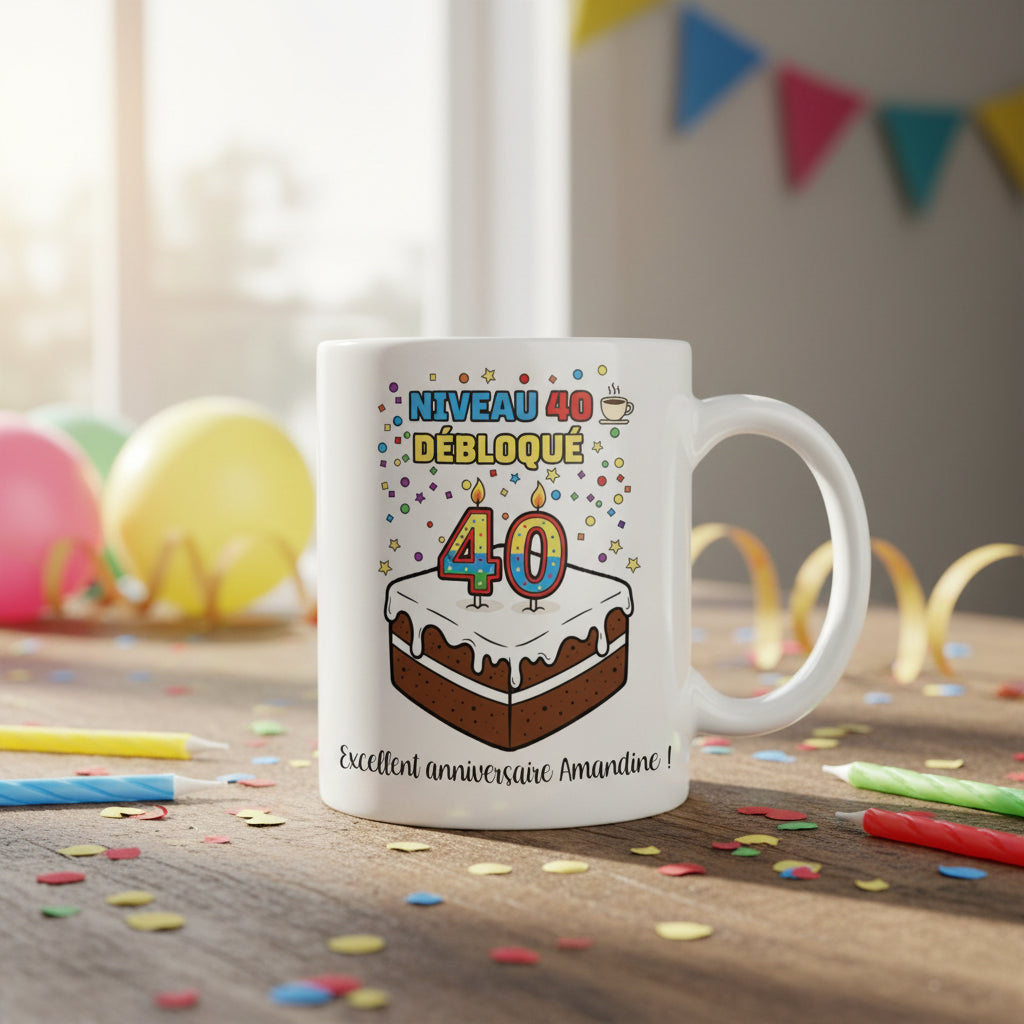 Mug personnalisé 40 ans posé sur une table en bois avec bougies colorées et confettis, illustration gâteau et "Niveau 40 débloqué"
