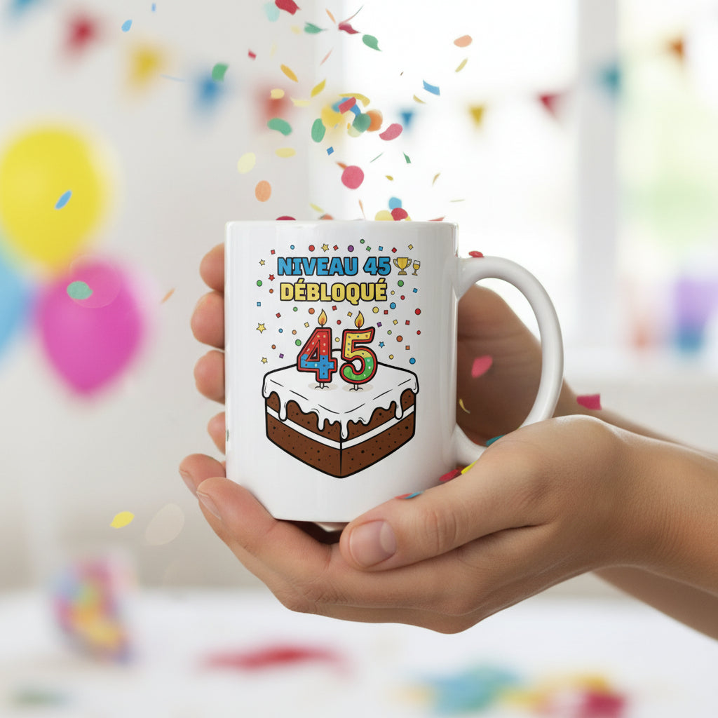 Mug personnalisé 45 ans tenu en main avec confettis colorés, illustration gâteau et "Niveau 45 débloqué"

