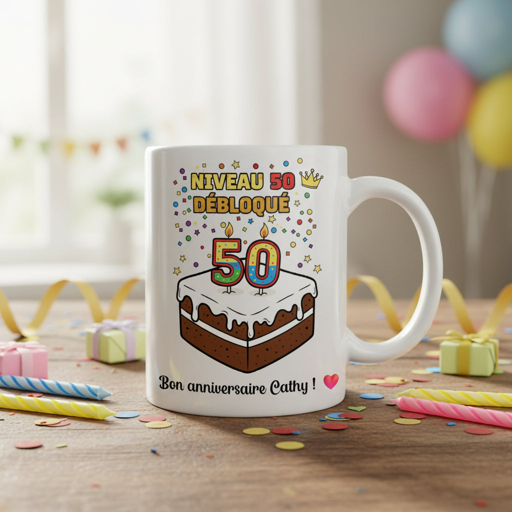 Mug personnalisé 50 ans posé sur une table en bois avec cadeaux et bougies colorées, illustration gâteau et "Niveau 50 débloqué"

