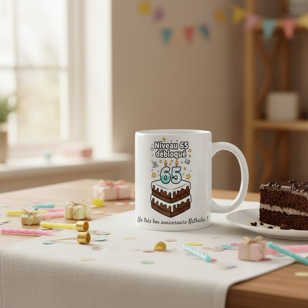 Mug personnalisé 65 ans posé sur une table de fête avec part de gâteau au chocolat, cadeaux et confettis, illustration "Niveau 65 débloqué"
