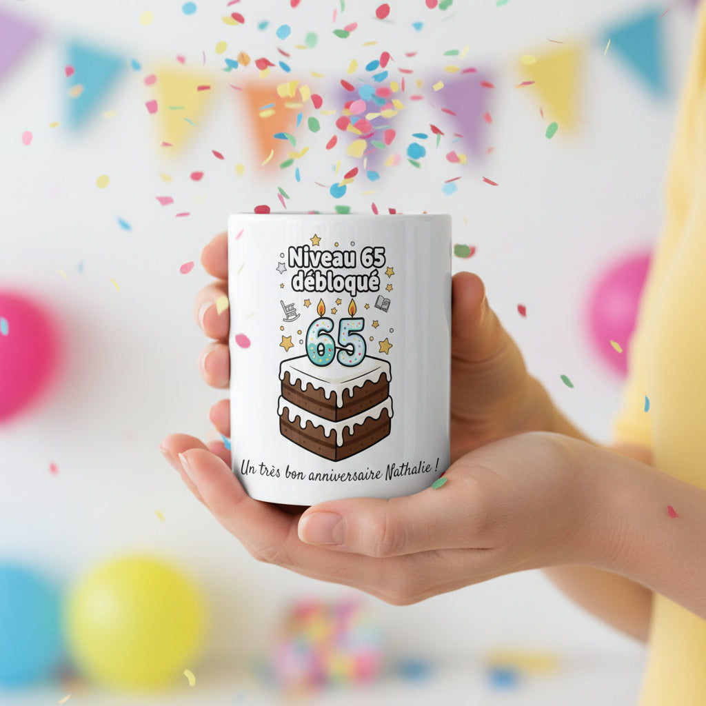 Mug personnalisé 65 ans tenu à deux mains avec guirlandes et confettis colorés, illustration gâteau et "Niveau 65 débloqué"
