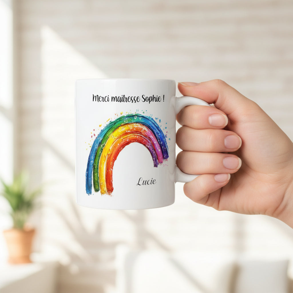 Mug personnalisé arc en ciel avec prénom – cadeau maîtresse fin d'année école enfant
