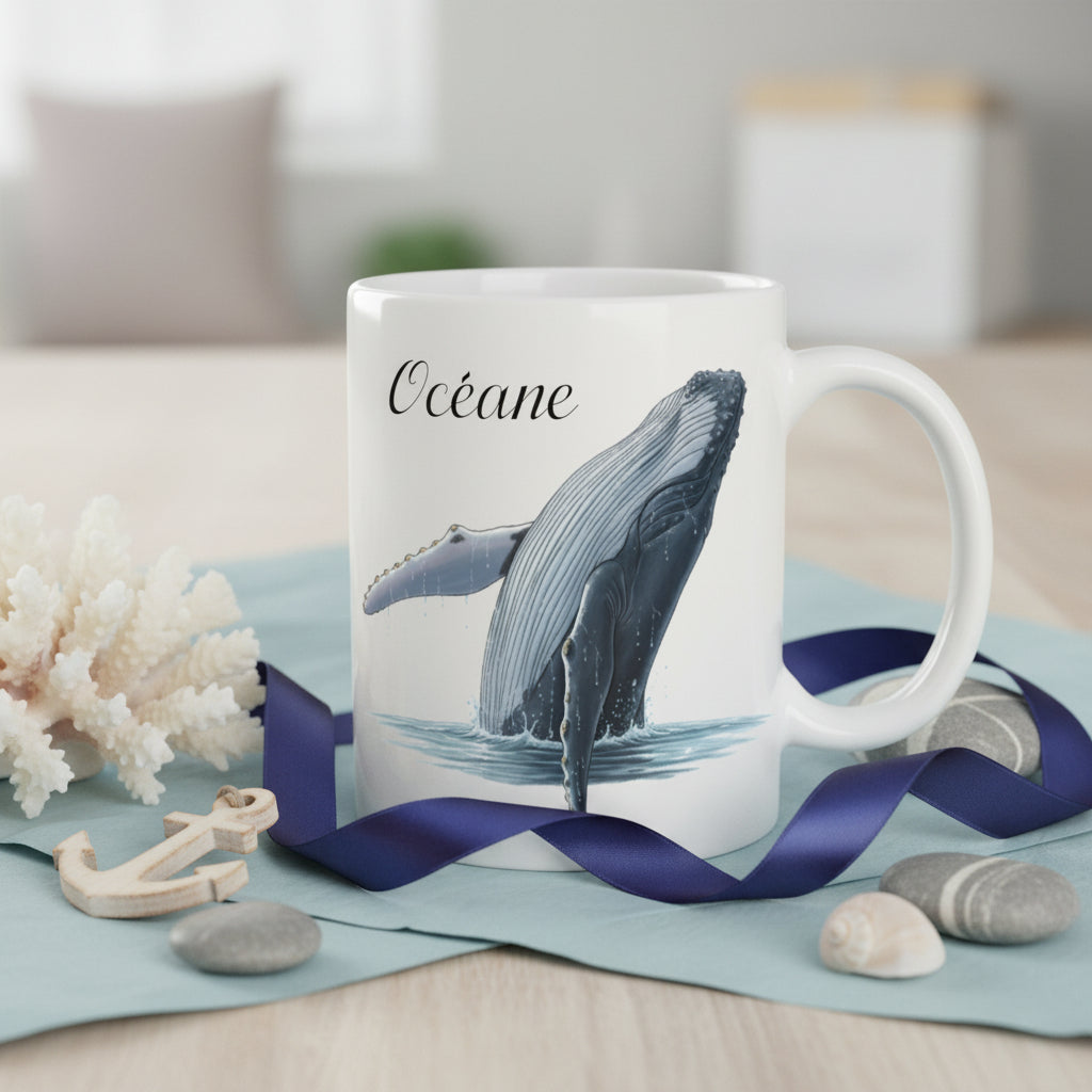 Mug personnalisé avec une baleine à bosse et un prénom - Cadeau anniversaire