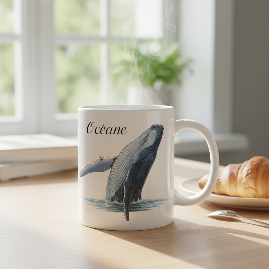 Mug personnalisé avec une baleine à bosse et un prénom - Idée cadeau de Noêl