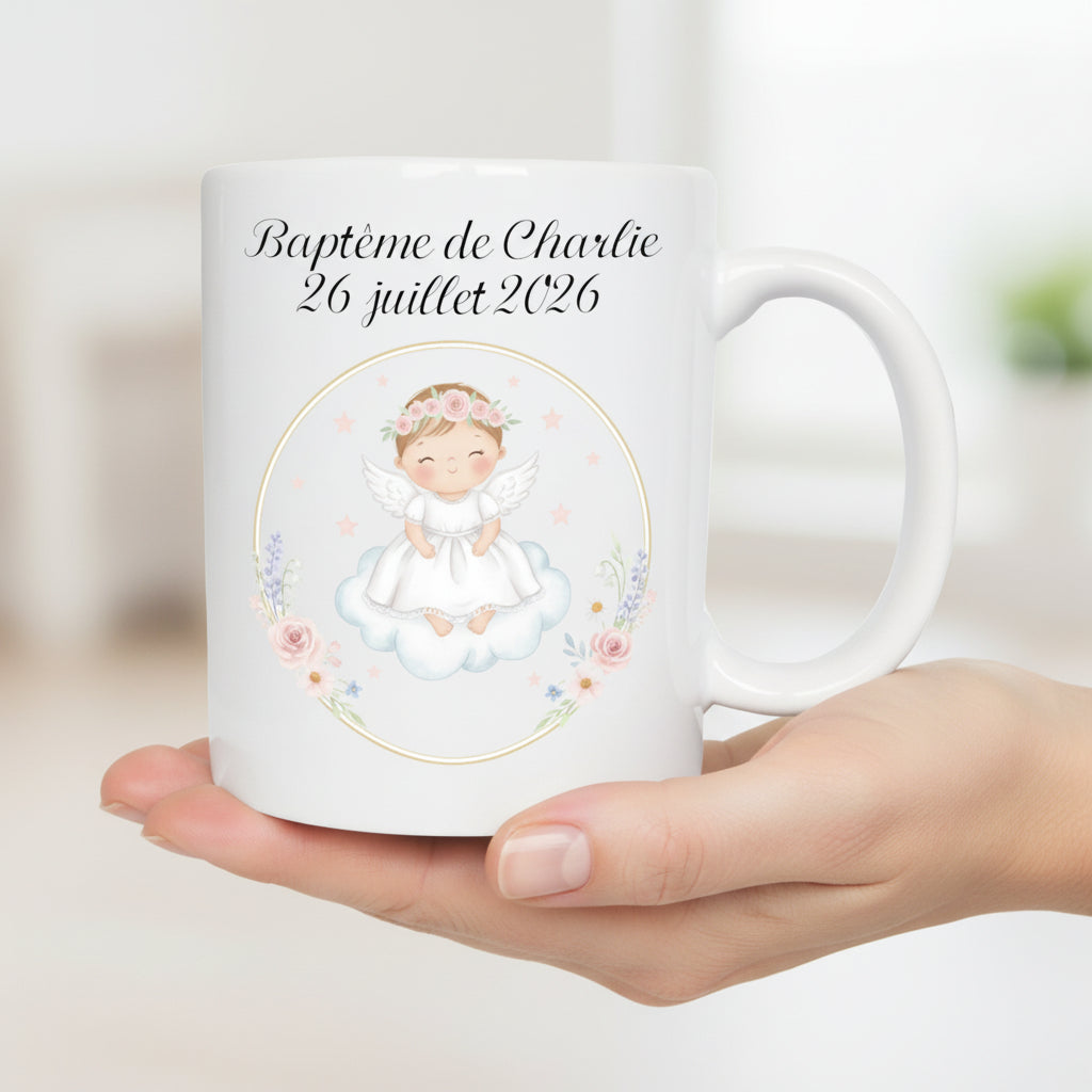 Mug baptême personnalisé ange fleurs avec prénom – cadeau baptême souvenir bébé
