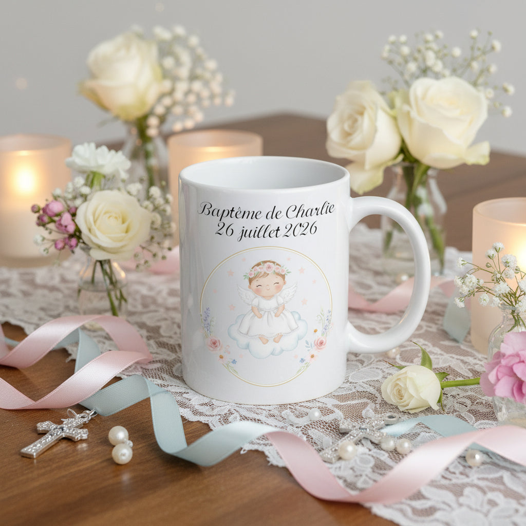 Mug personnalisé baptême ange avec prénom et date – cadeau souvenir baptême fille

