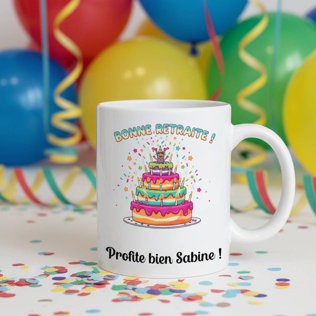 Mug bonne retraite personnalisé avec prénom – cadeau fête départ retraite festif

