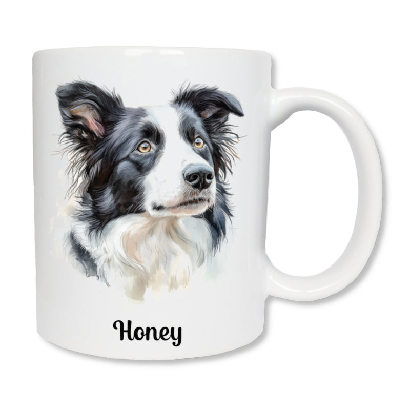 Mug blanc en céramique de 325 ml avec un dessin représentant la tête d'un chien border collie noir et blanc, et personnalisé avec un prénom.