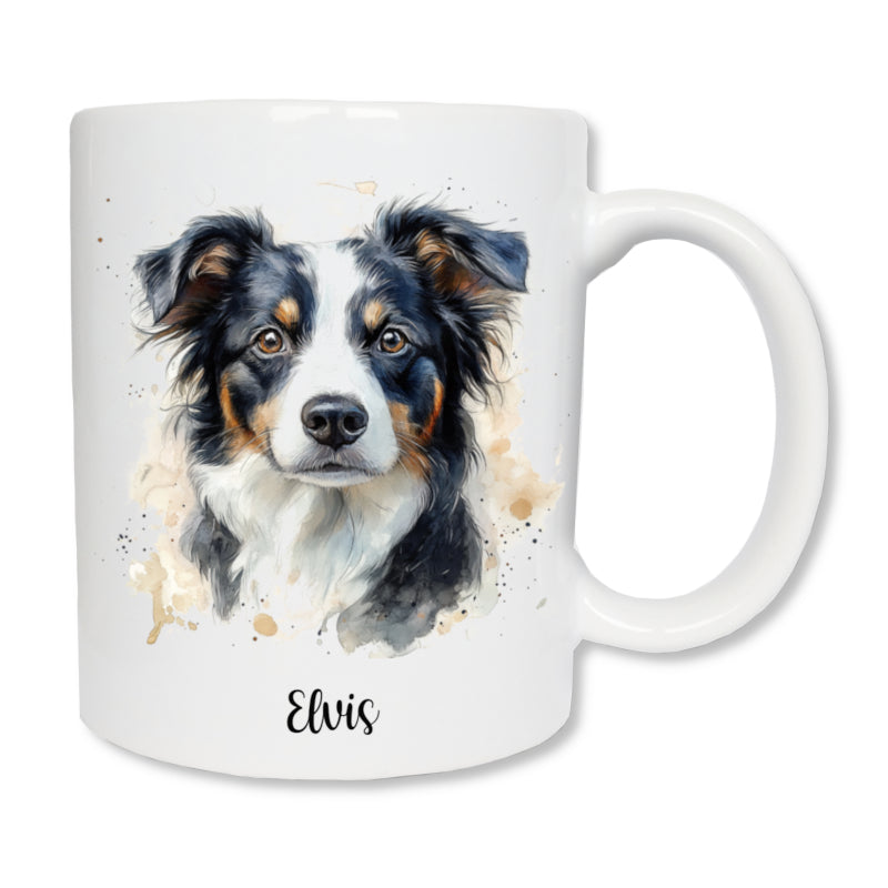 Mug blanc en céramique de 325 ml avec un dessin représentant la tête d'un chien border collie, et personnalisé avec un prénom.