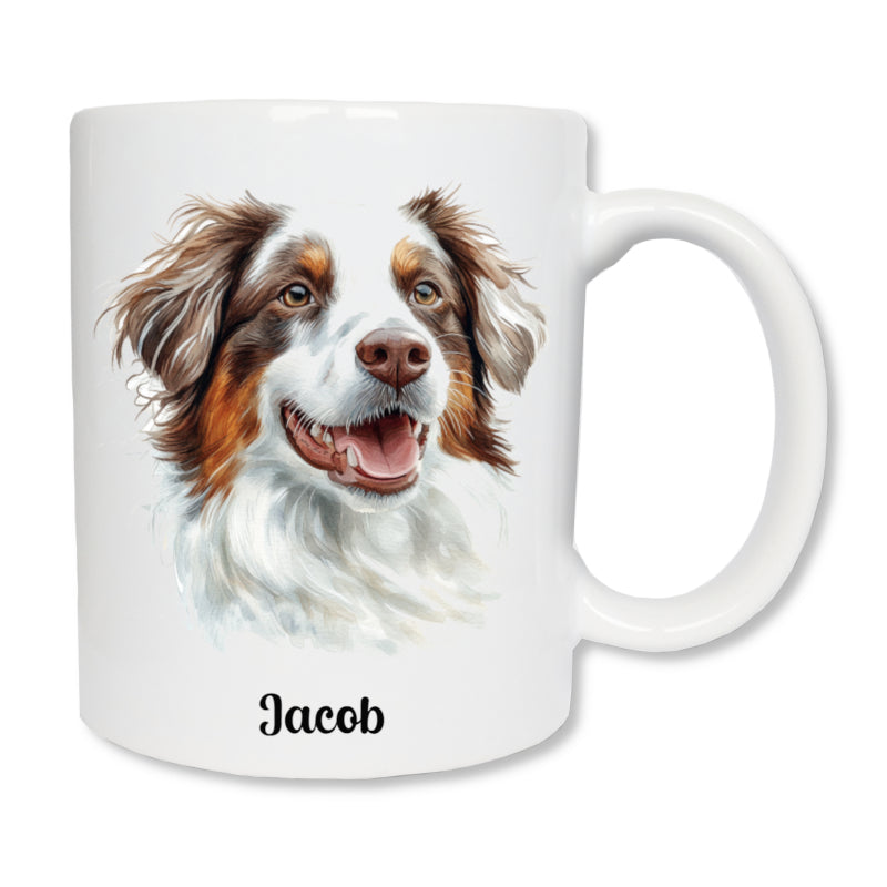 Mug blanc en céramique de 325 ml avec un dessin représentant la tête d'un chien border collie blanc et marron, et personnalisé avec un prénom.