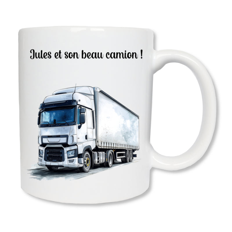 Mug personnalisé blanc en céramique de 325 ml avec un camion routier blanc et un texte