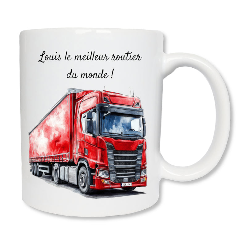 Tasse blanche avec un camion rouge imprimé et un message - Idée cadeau pour chauffeur / Chauffeuse routier