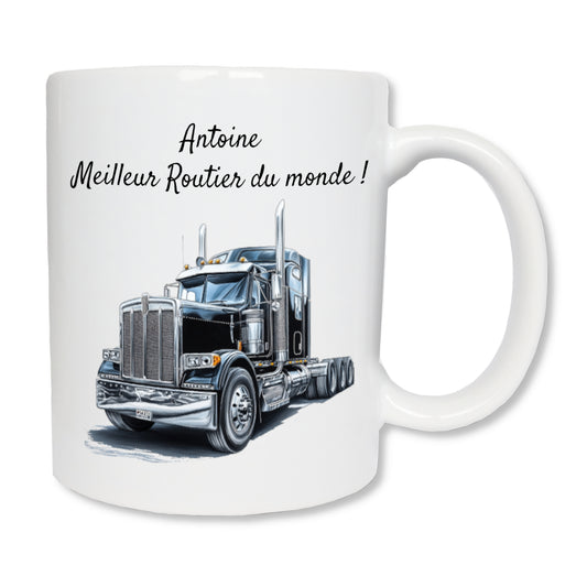 Mug blanc en céramique de 325 ml avec un camion routier américain noir, et personnalisé avec votre texte. Cadeau pour chauffeur routier.