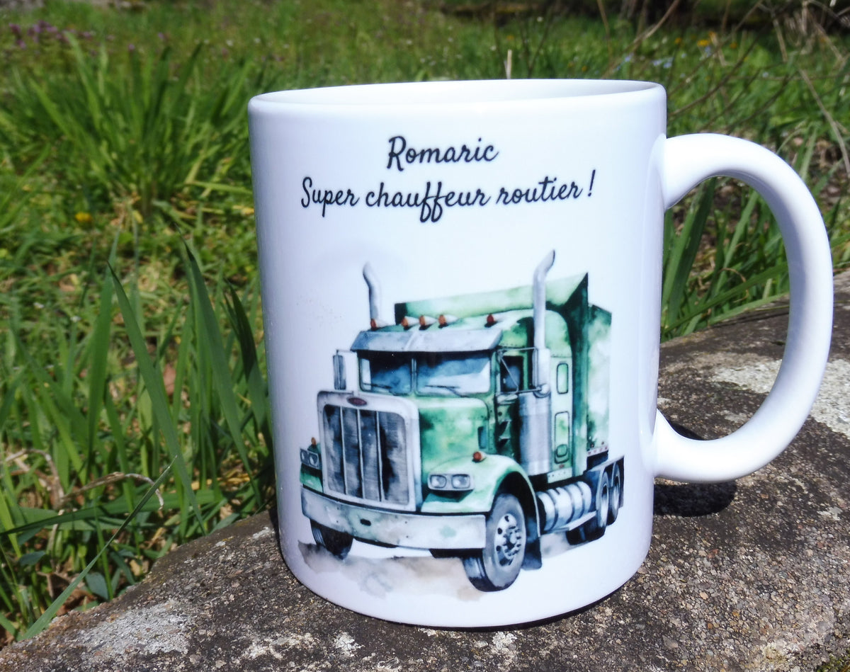 Vue de face mug routier personnalisé - cadeau fête des pères
