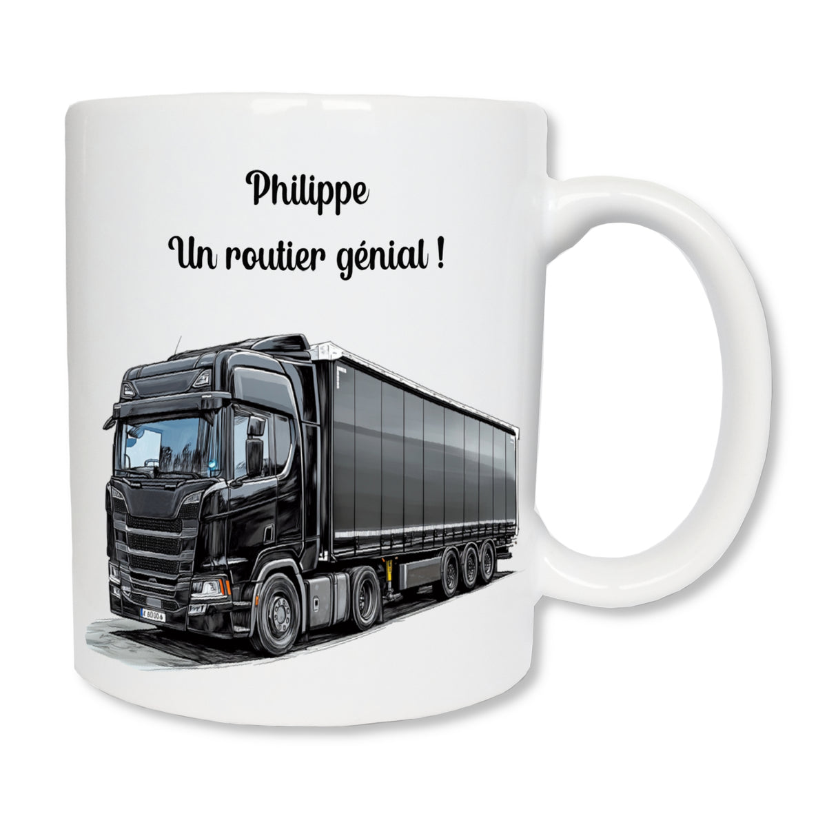 Mug blanc en céramique avec un camion routier noir et personnalisé avec un message. Cadeau pour les chauffeurs routiers.