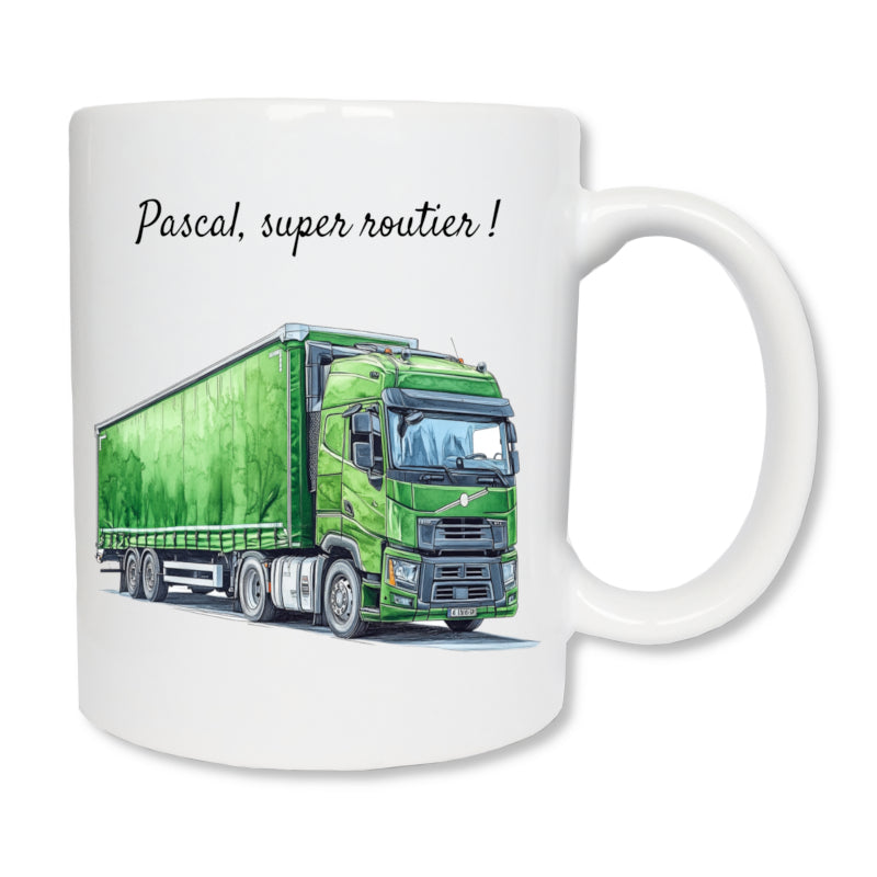 Mug blanc en céramique de 325 ml avec un camion poids lourd de couleur vert et un texte