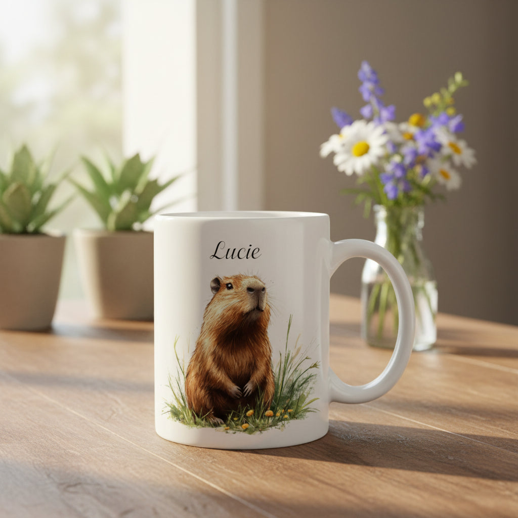 Mug personnalisé capybara mise en situation, cadeau enfant original

