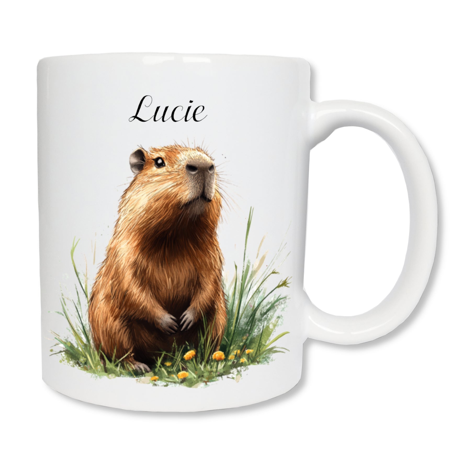 Mug blanc en céramique de 325 ml, personnalisé avec un prénom et un capybara