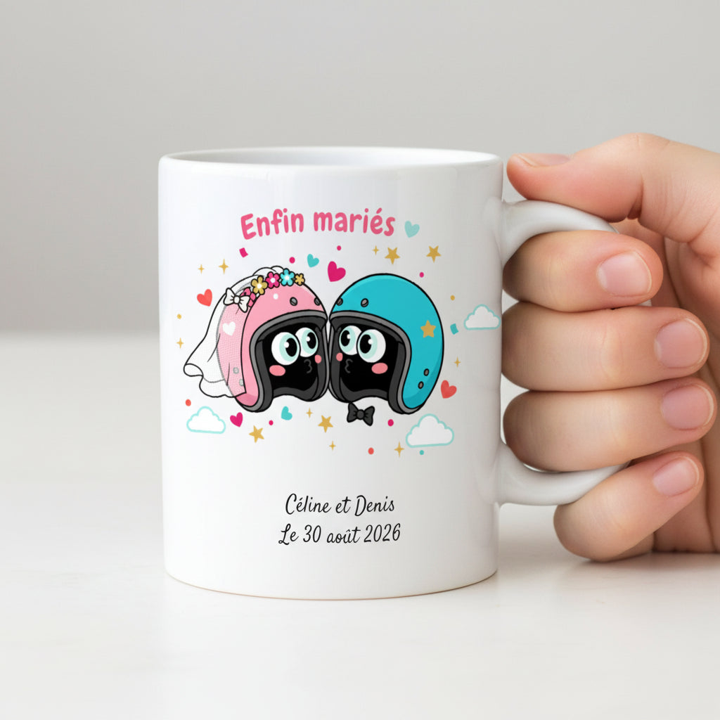 Mug humoristique avec 2 casques de moto qui se regardent dans le thème mariage - Cadeau jeunes mariés
