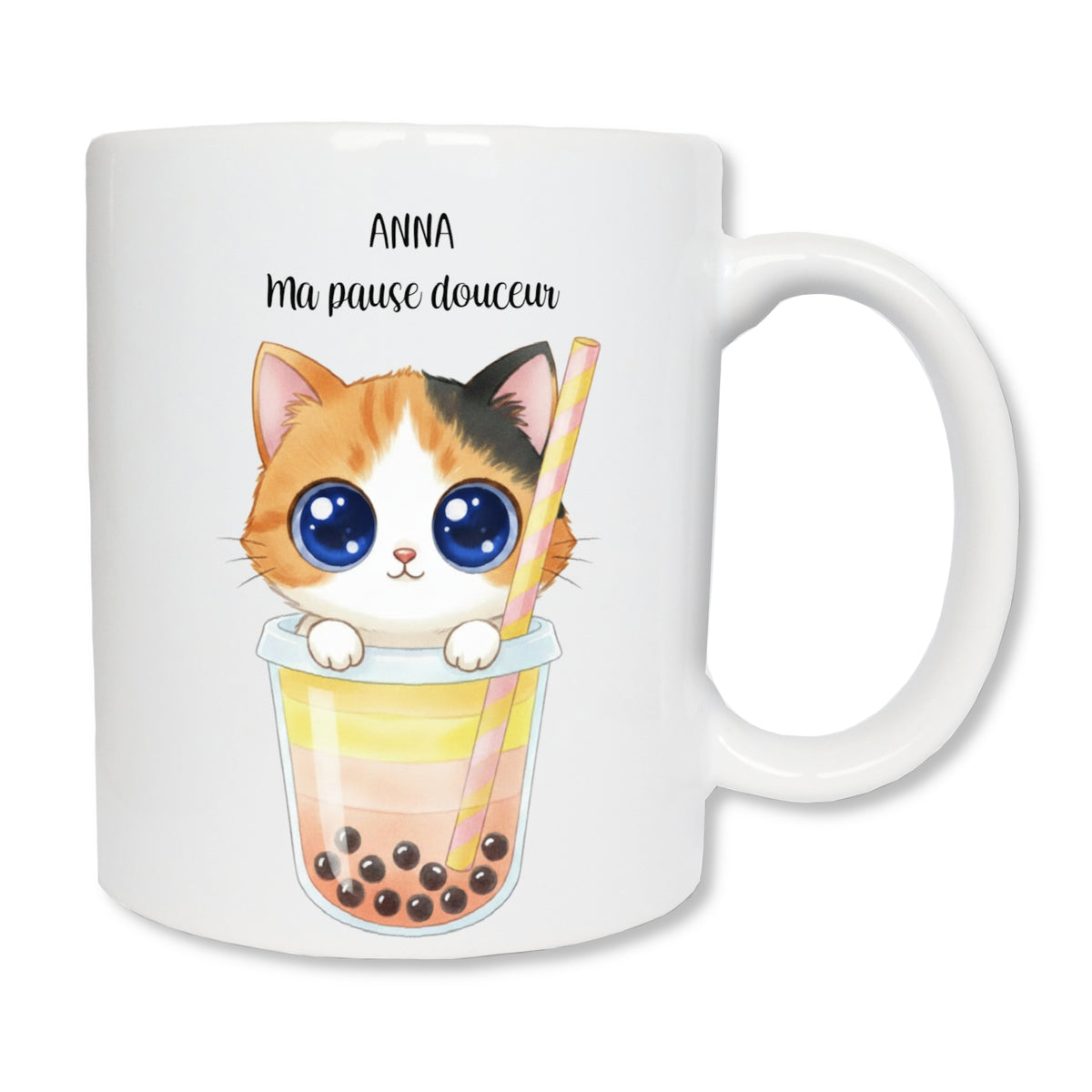 Mug personnalisé avec chaton écaille de tortue dans un bubble tea et prénom
