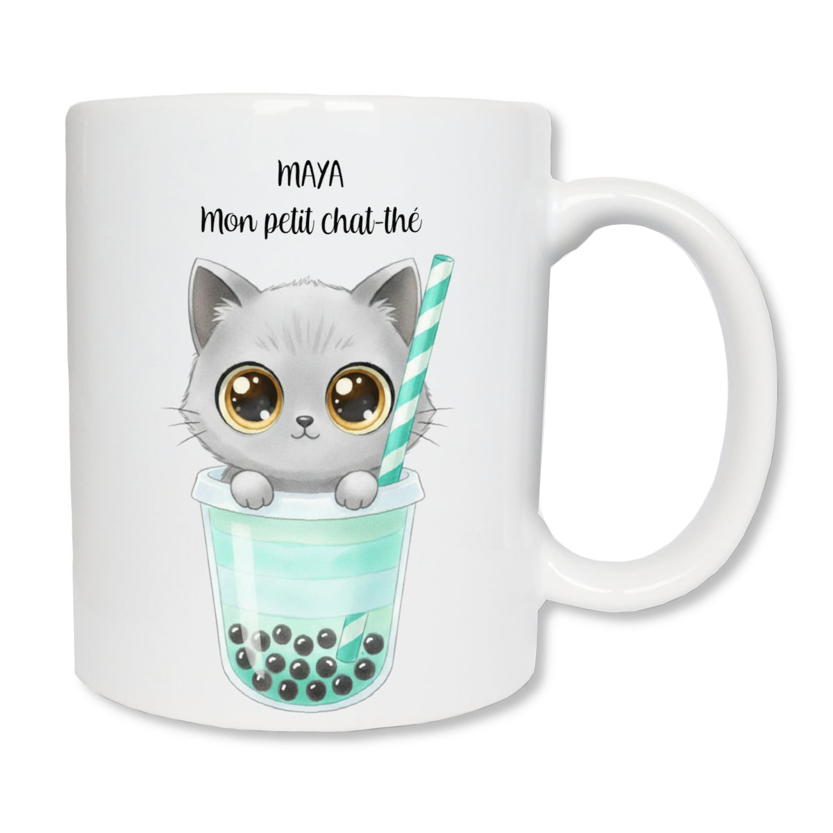 Mug personnalisé avec chaton gris dans un bubble tea et prénom
