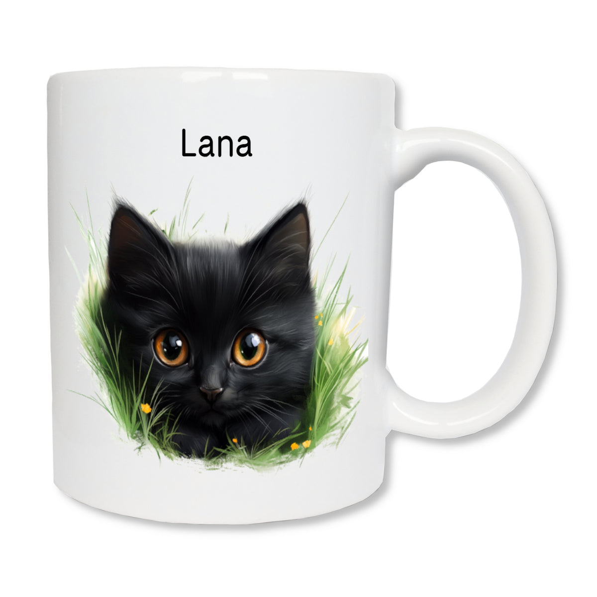 Mug blanc personnalisé avec un prénom et un chaton noir