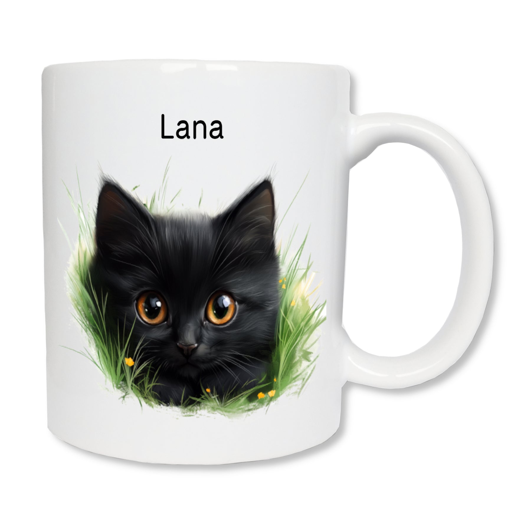 Mug blanc personnalisé avec un prénom et un chaton noir