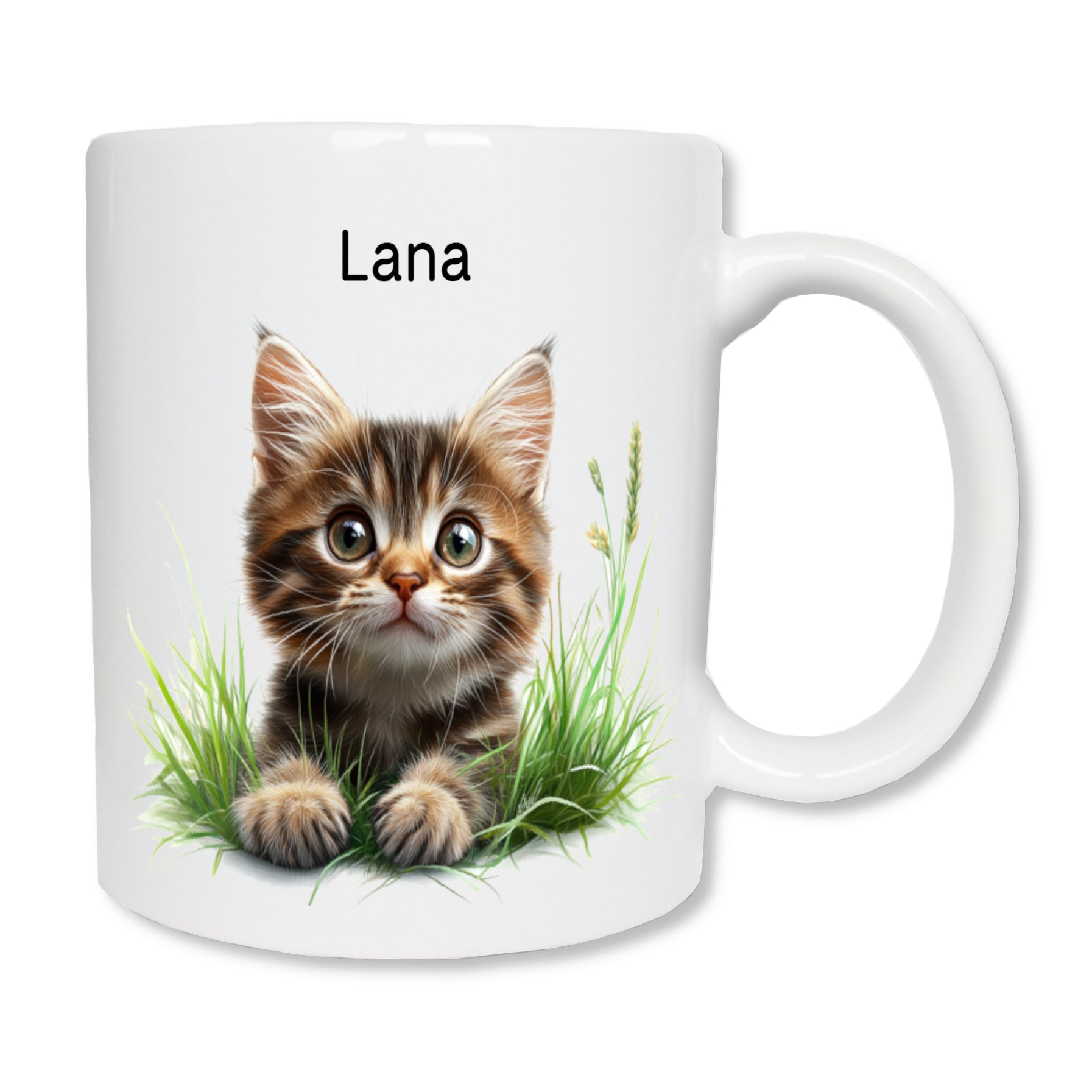 Mug blanc personnalisé imprimé avec un petit chat tigré de face et un prénom