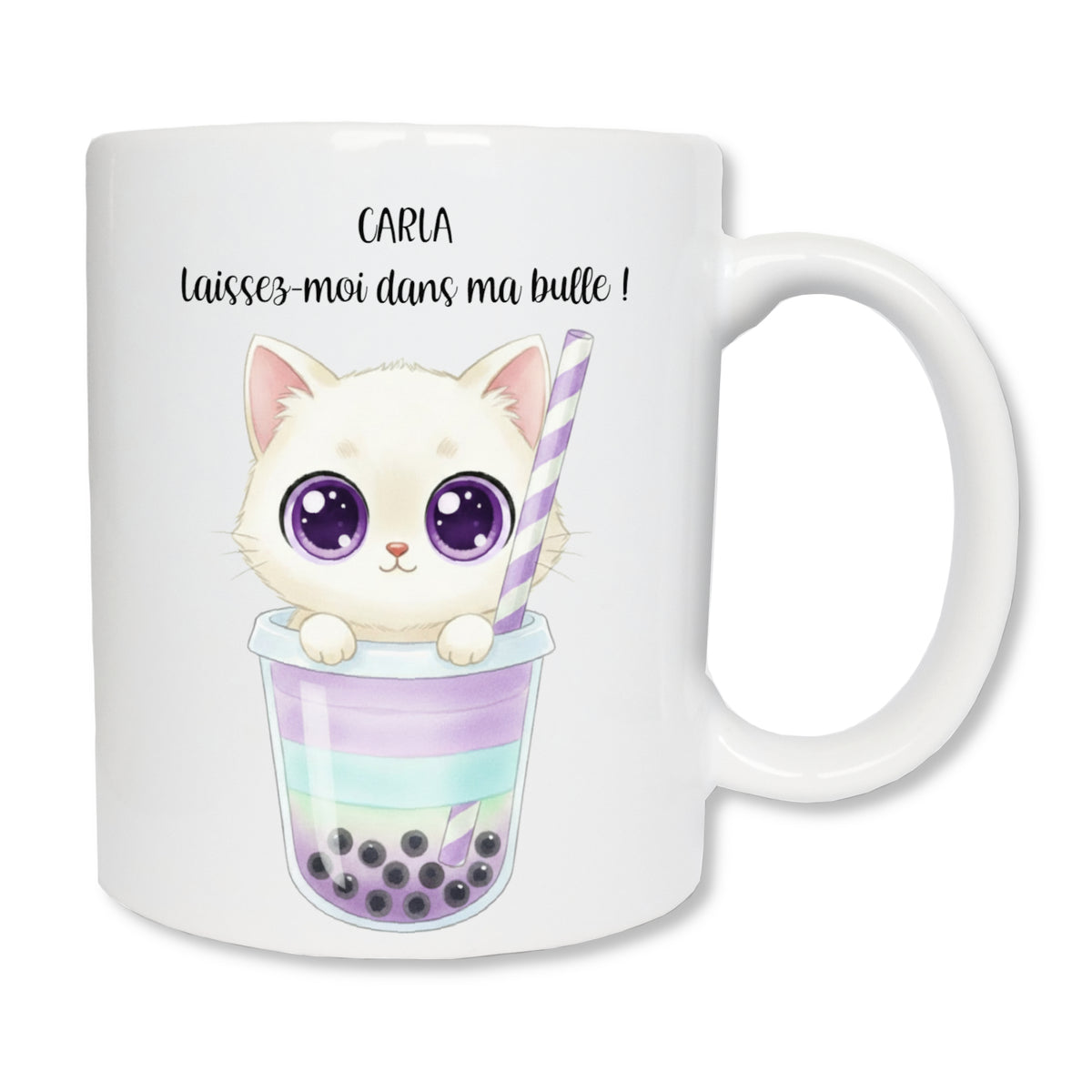 Mug personnalisé avec chaton blanc dans un bubble tea et prénom
