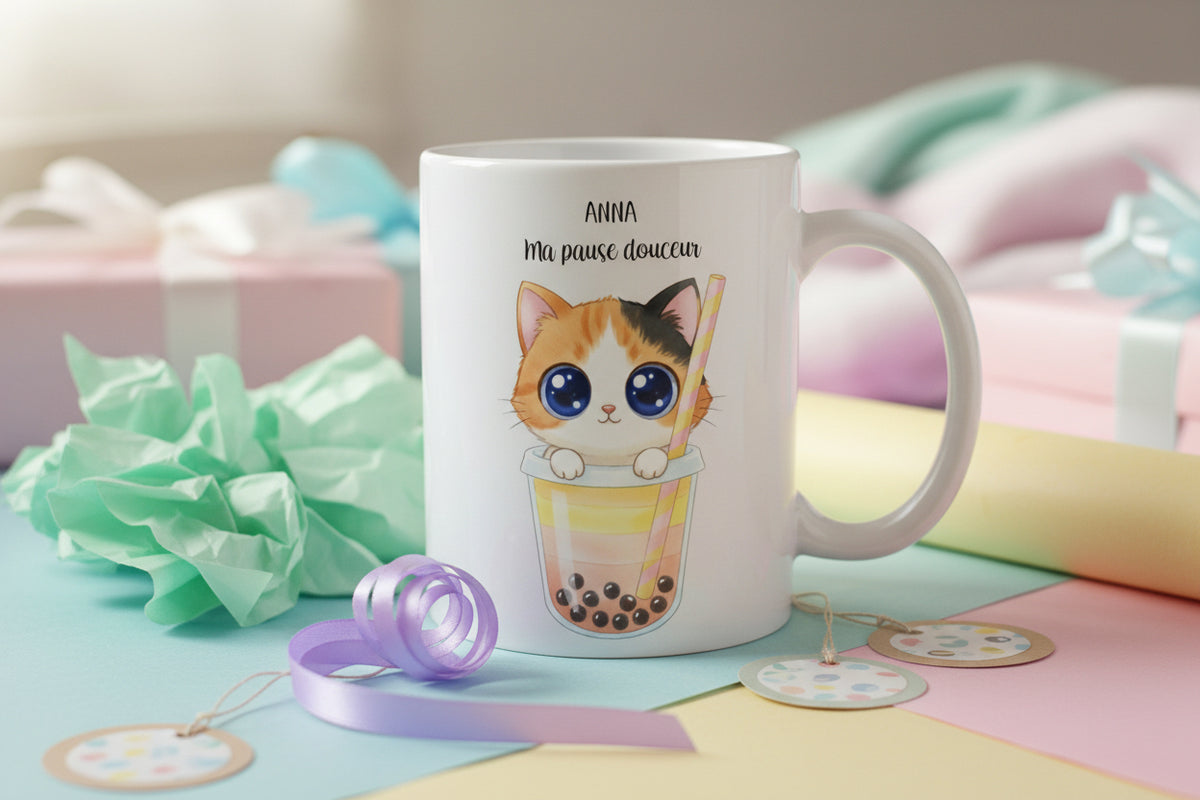 Mug personnalisé avec chaton calico dans un bubble tea et texte
