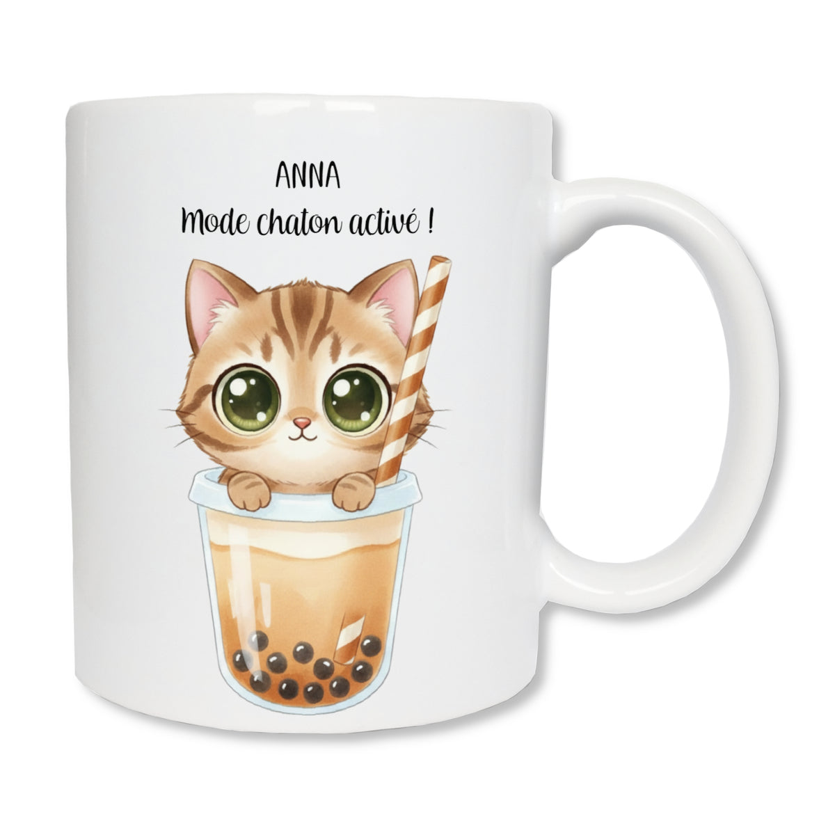 Mug personnalisé avec chaton tigré marron dans un bubble tea et texte
