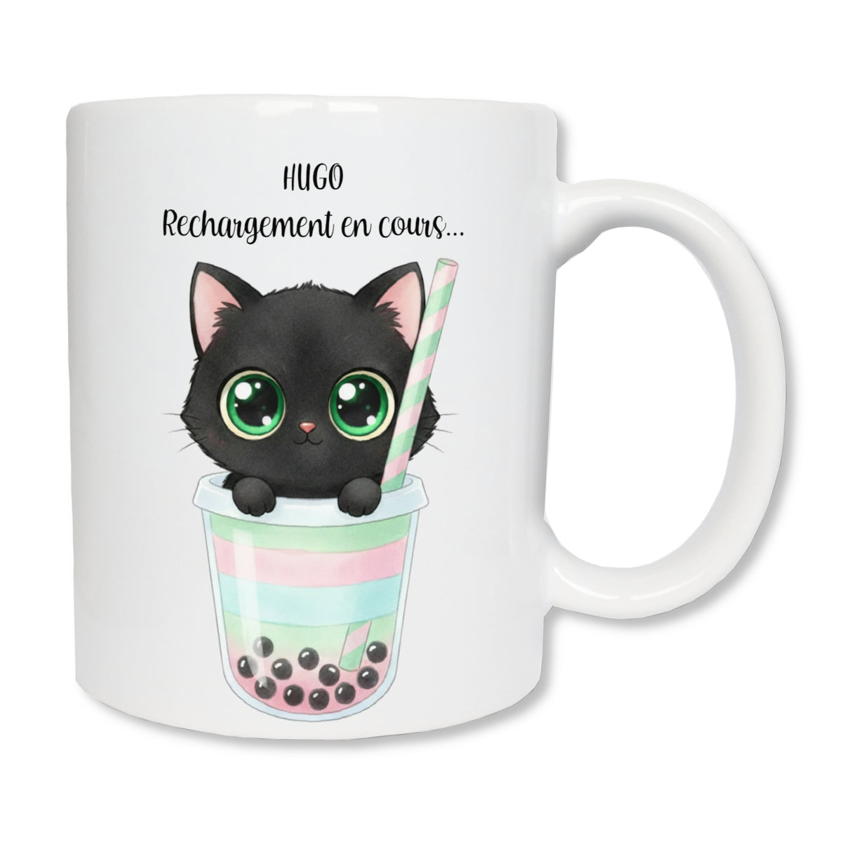 Mug personnalisé avec chaton noir dans un bubble tea et prénom

