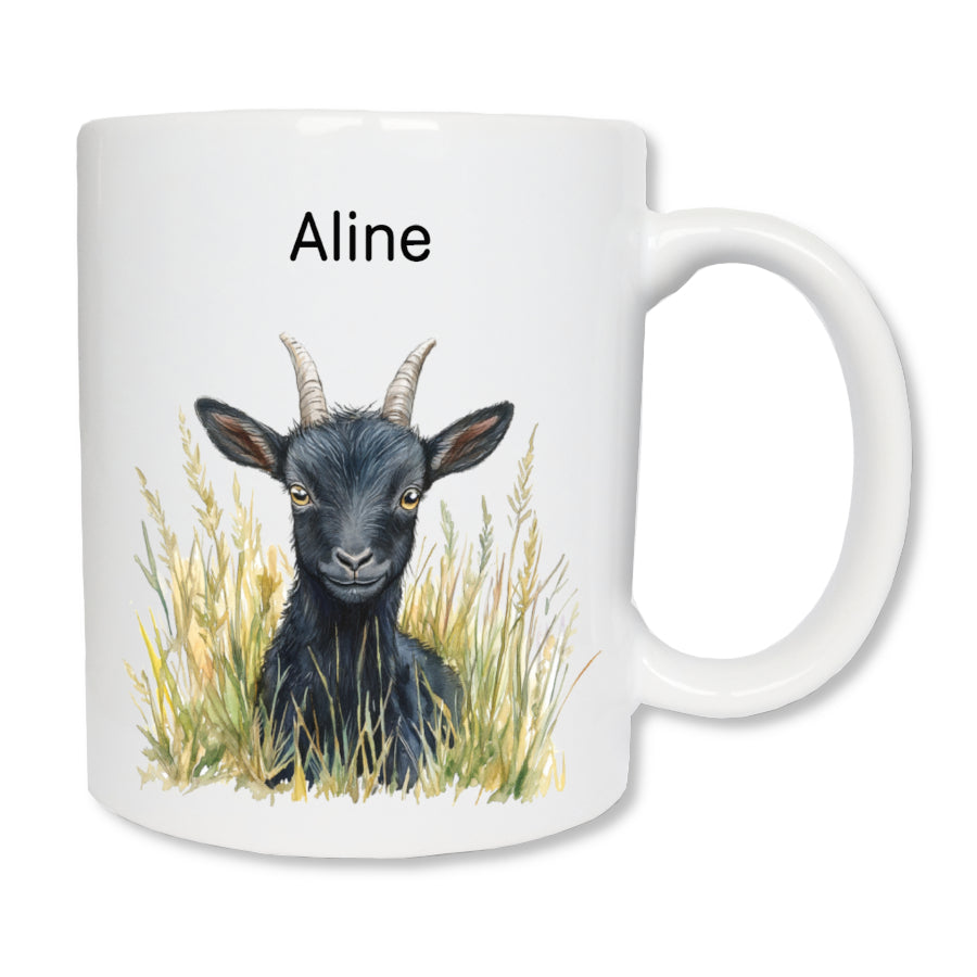 mug blanc avec une chèvre noire de face et texte - Idéal pour un cadeau d'anniversaire