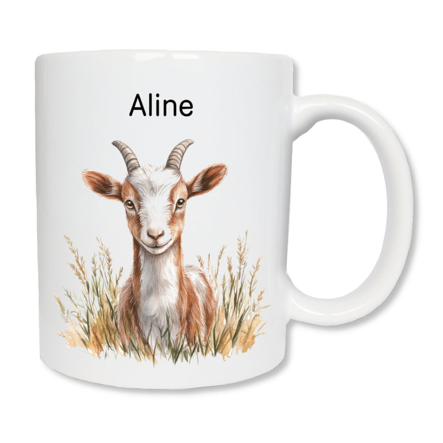Mug personnalisé avec une biquette blanche et marron et un prénom