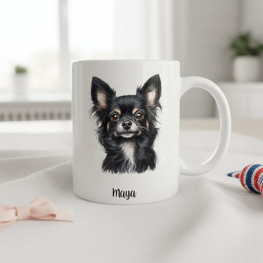 Mug personnalisé céramique avec chihuahua poils longs et prénom - Cadeau anniversaire