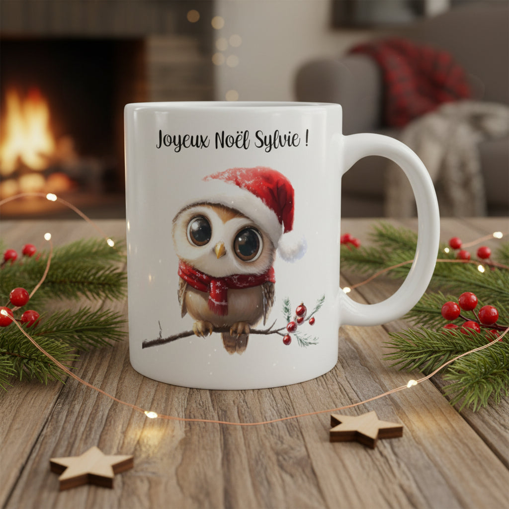 Mug chouette de Noël personnalisé avec prénom – idée cadeau Noël ambiance cosy cheminée
