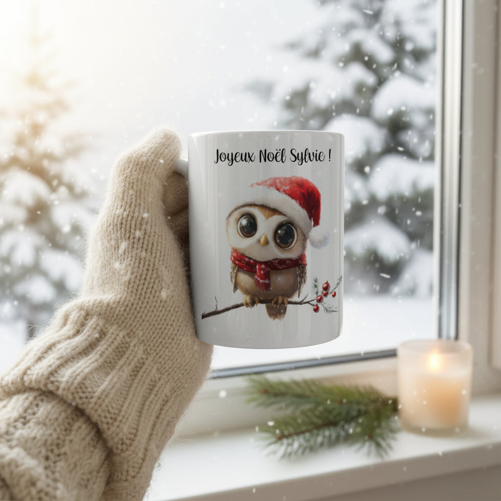 Mug personnalisé chouette de Noël tenu en main – cadeau Noël avec prénom ambiance hivernale
