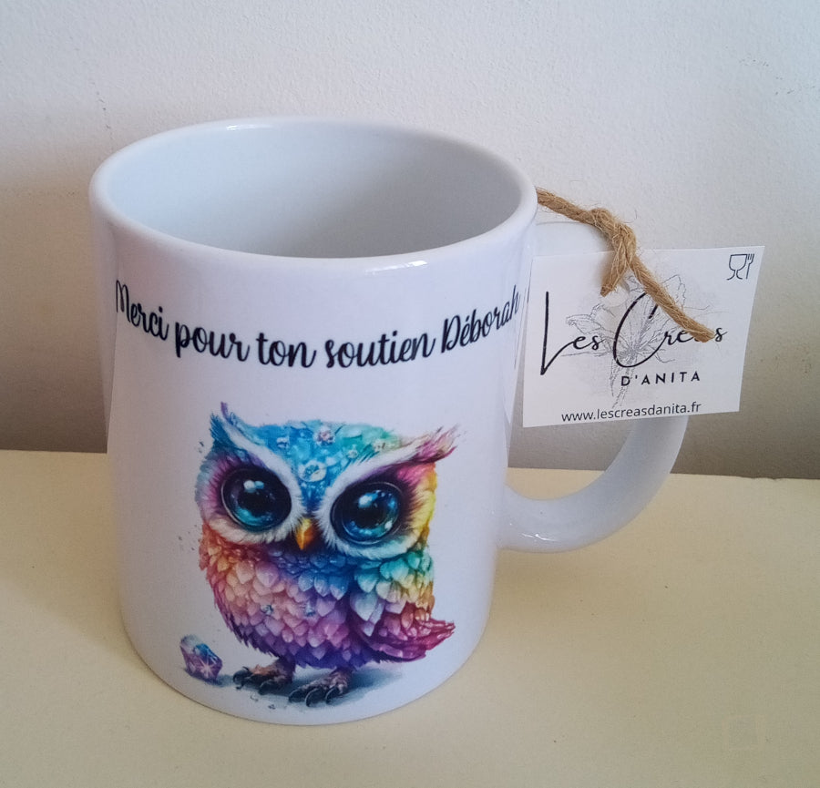 Mug personnalisé de 325 ml en céramique blanc imprimé avec un texte et une chouette diamantée de face - Cadeau mamie - Fête des grands-mères