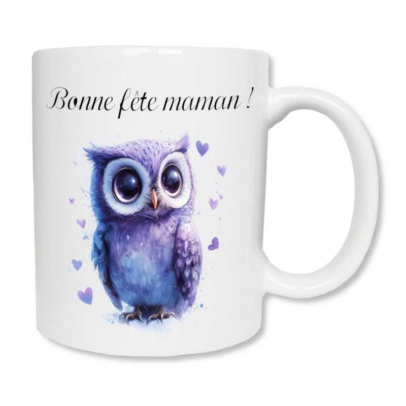 Détail mug chouette maman personnalisé - impression haute qualité céramique
