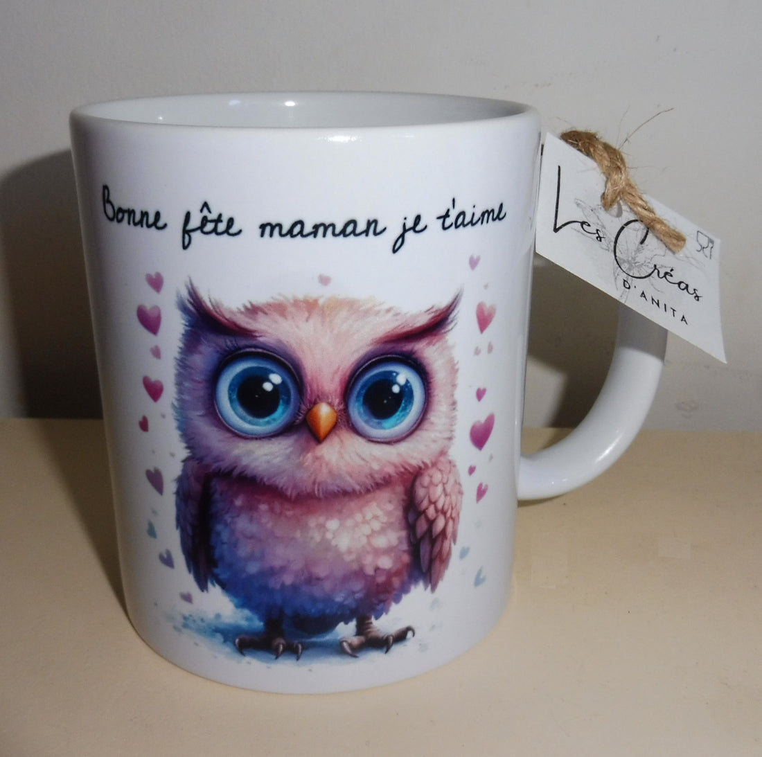 Tasse blanche en céramique de 325 ml imprimée avec une chouette rose et un texte pour une chouette maman 