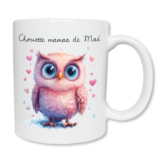 Mug blanc de 325 ml en céramique avec une chouette rose - Idée cadeau  maman - Fête des mères