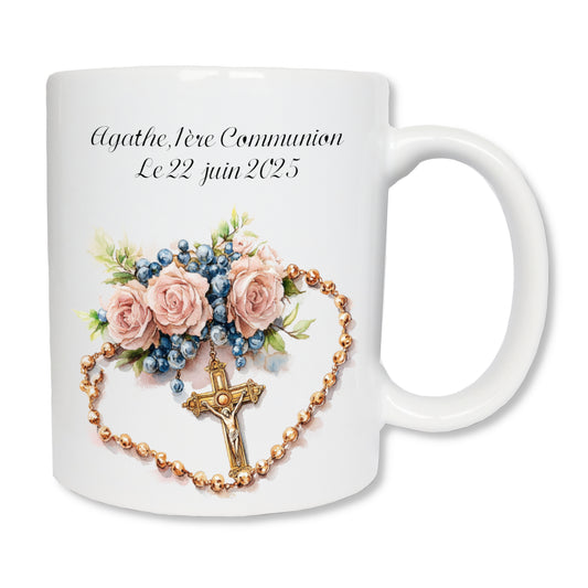 Mug blanc en céramique de 325 ml avec le dessin d'un chapelet avec une croix et orné de fleurs et personnalisé avec un message - Cadeau pour communion