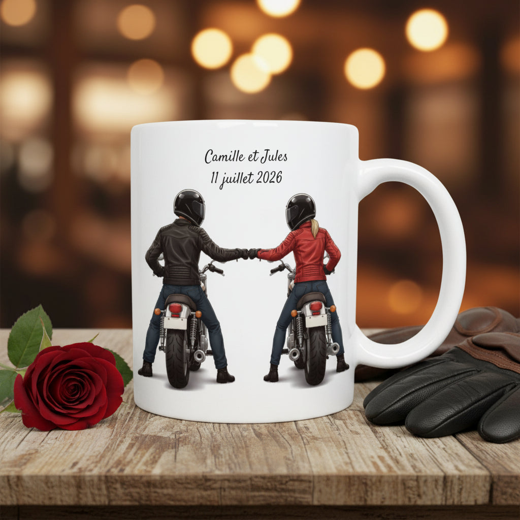 Mug personnalisé céramique avec couple de motards de dos sur leurs motos, prénoms et date - Cadeau anniversaire de mariage ou de rencontre