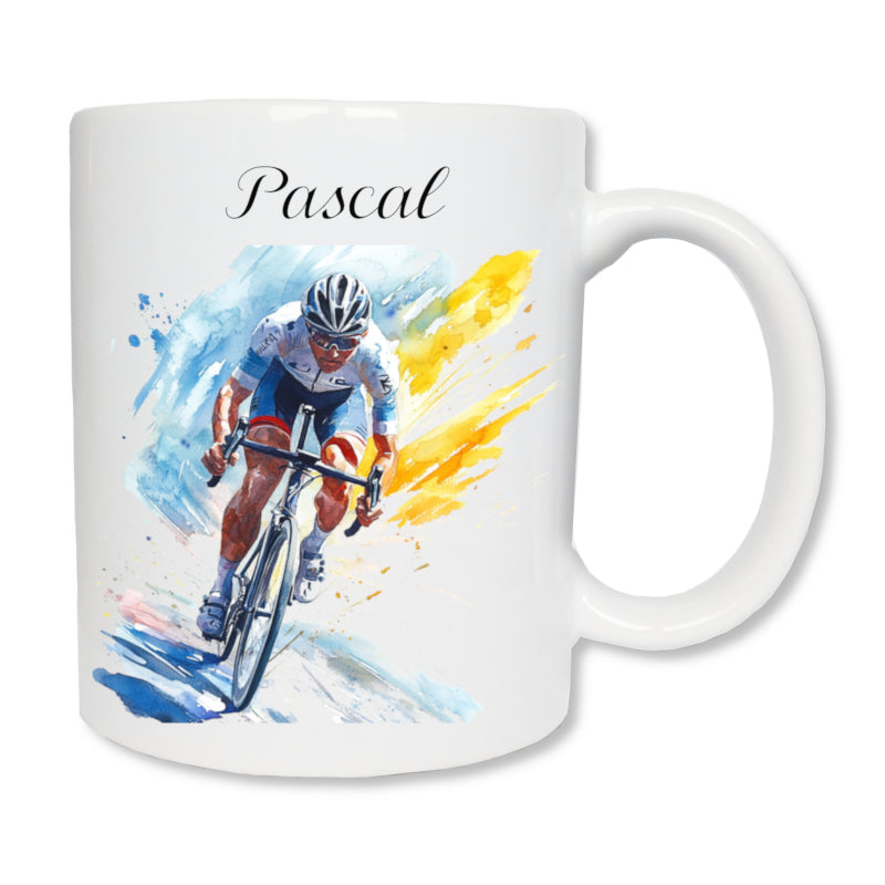 Détail mug cycliste avec prénom - impression haute qualité
